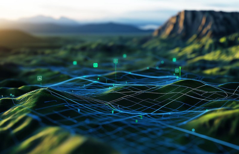 Abstrakte 3D-Landschaft mit grünen Hügeln, darüber schwebende blaue Linien- und Netzlayer sowie Icons; visualisiert digitale Geodaten- und GIS-Netzwerke in einer topographischen Umgebung.