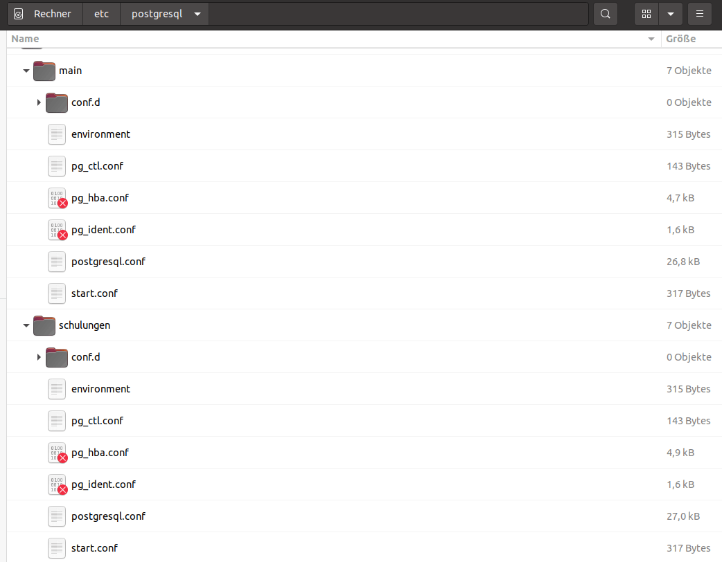 Konfigurationsdateien der beiden lokalen Postgres-Instanzen im Dateimanager