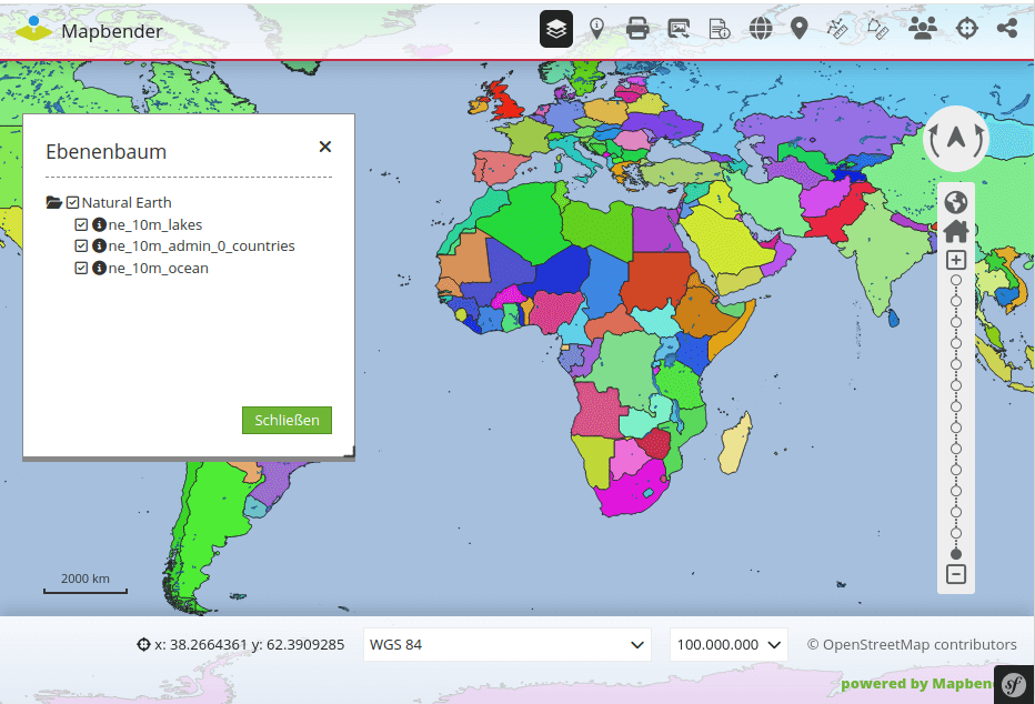 Die neue Mapbender-Anwendung mit der Karte aus dem QGIS-Projekt