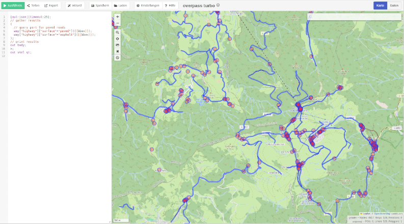 Abfrage nach asphaltierten Straßen via OverpassTurbo