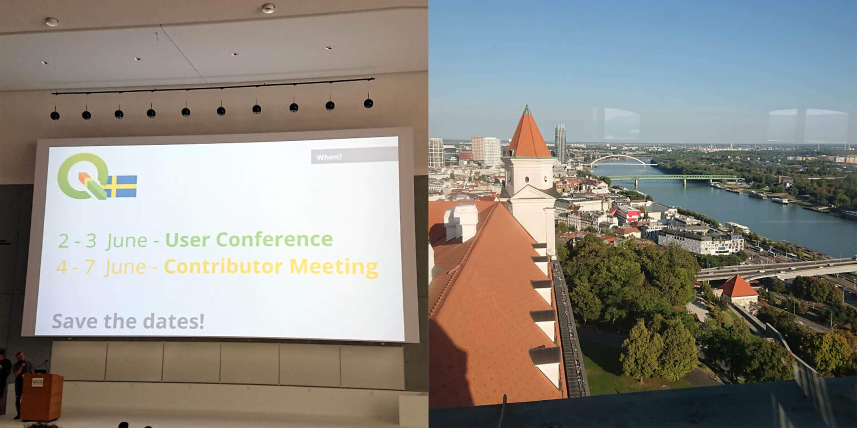 Collage, links Ankündigung QGIS User Conference 2025, rechts Blick über Bratislava