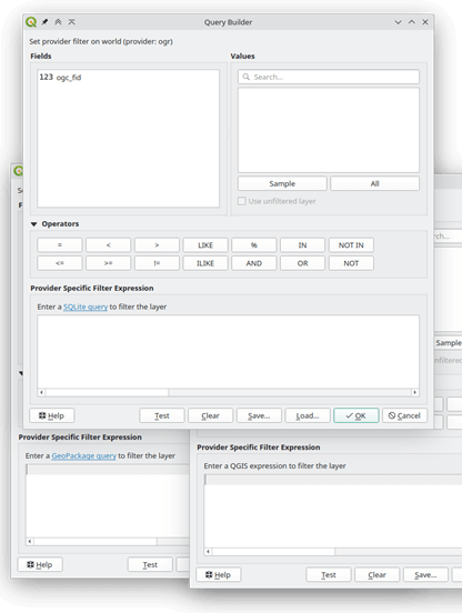 Anzeige des Providers und des Ausdruck-"Dialekts" im Filter-Dialog ab QGIS 3.40