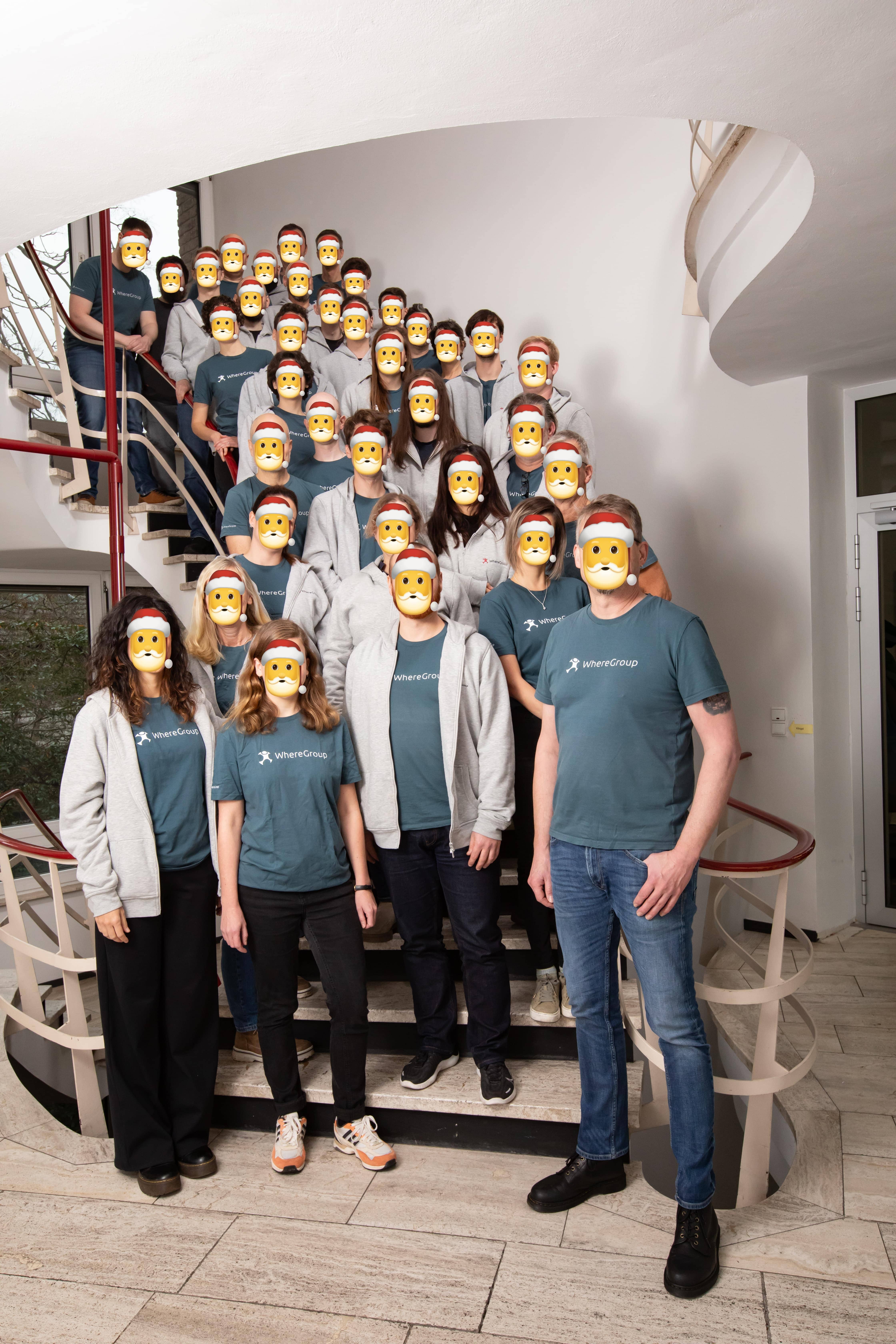 WhereGroupies mit zensierten Gesichtern auf einer Treppe