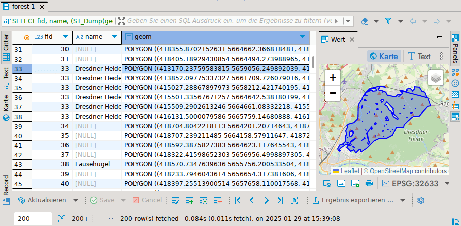Beispiel für die Aufteilung von Multipolygonen und der Vorschau der Geometrien im DBeaver