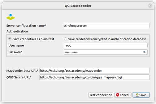 Screenshot des QGIS2Mapbender-Konfigurationsfensters unter Linux